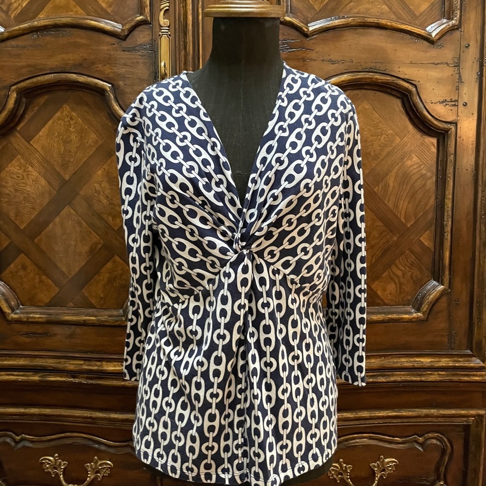 Jones New York Blue and White Top.  Size L